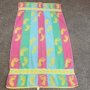 Santens Vintage Beach Towel Cotton Footprints Pink Turquoise Yellow